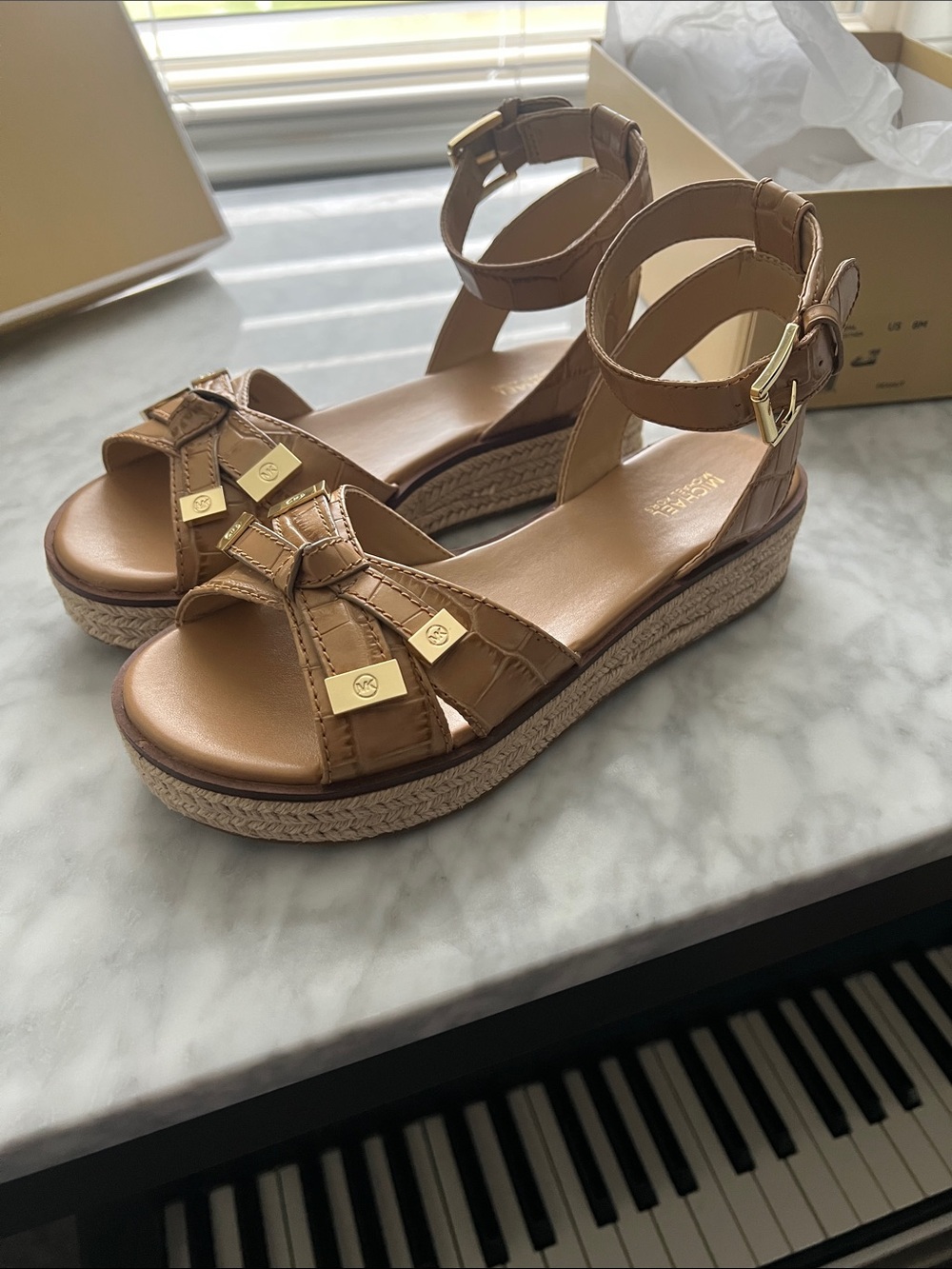 MICHAEL Michael Kors Tan Croc-Embossed Sandals with Gold Buckles- NIB